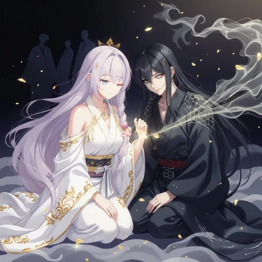 Prompt: Ayaka kneeling beside the weakened Kuroshi

Golden petals swirling around them

The thread of light connecting their hearts

A faint silhouette of spirits dissolving in the background
