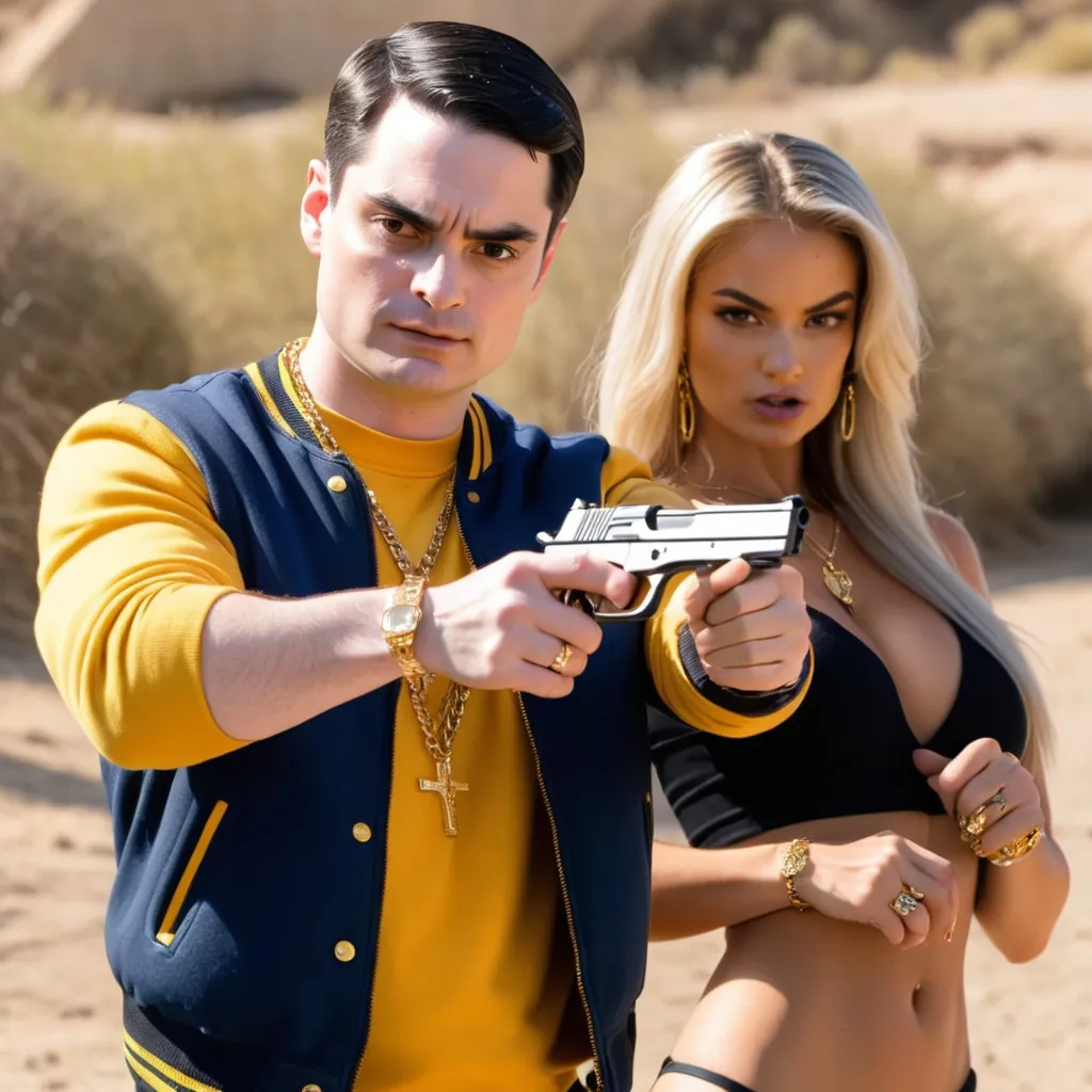 Prompt: Ben Shapiro filming rap video with gold jewelry and his guns and hot women
