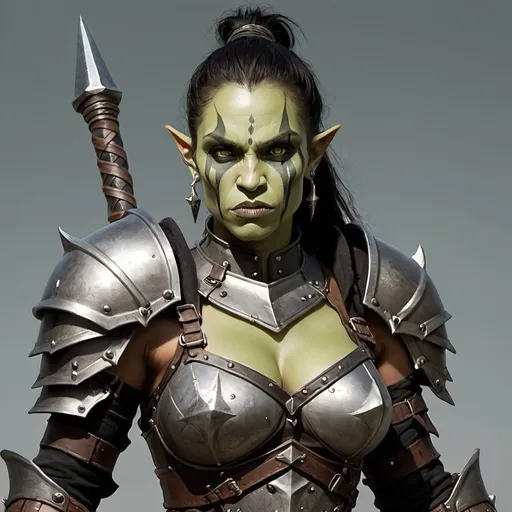 Prompt: Full body image of a beautiful Half Orc woman in Paladin armor who has light green skin, two vertical black lines from the bottom of her lip to the bottom of her chin, ear piercings, and is wielding a large mace