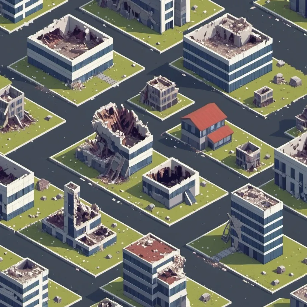 Prompt: Set of same building in isometric pixelart style with complete building, half destroyed and destroyed building