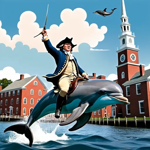 Prompt: Paul Revere riding a dolphin in front of the old north church, in a cartoon style