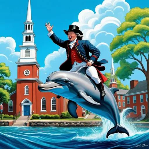 Prompt: Paul Revere riding a dolphin in front of the old north church, in a cartoon style