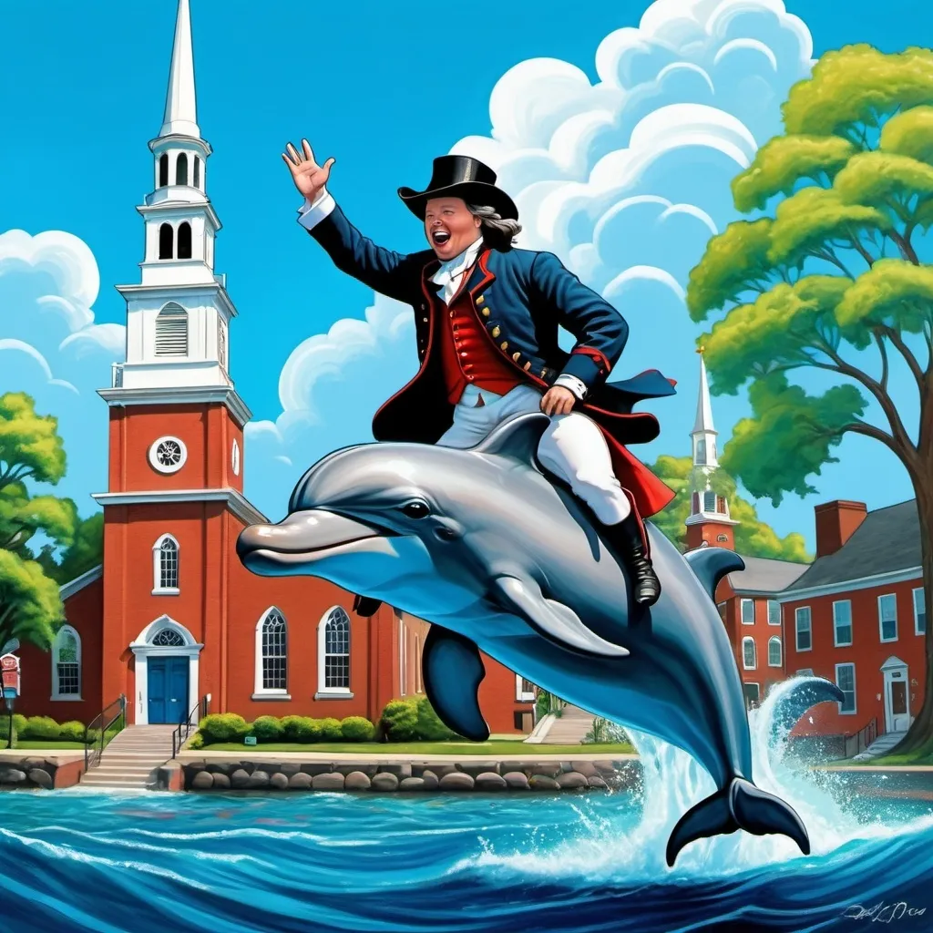 Prompt: Paul Revere riding a dolphin in front of the old north church, in a cartoon style