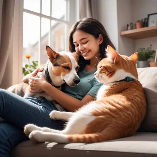 Prompt: A heartwarming scene featuring a dog, a cat, and a human sharing a moment of love and affection. The dog is playfully sitting beside the human, with its tail wagging, while the cat is peacefully resting on the human's lap. The human is smiling warmly at both the pets, showing a bond of love. The background is soft and cozy, with a comfortable home environment. The overall atmosphere is peaceful, loving, and full of warmth