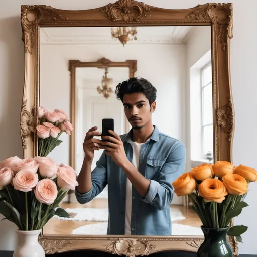 Prompt: a man taking a picture of himself in a mirror with flowers in front of him and a vase with flowers in the background, André Castro, aestheticism, jayison devadas, a picture