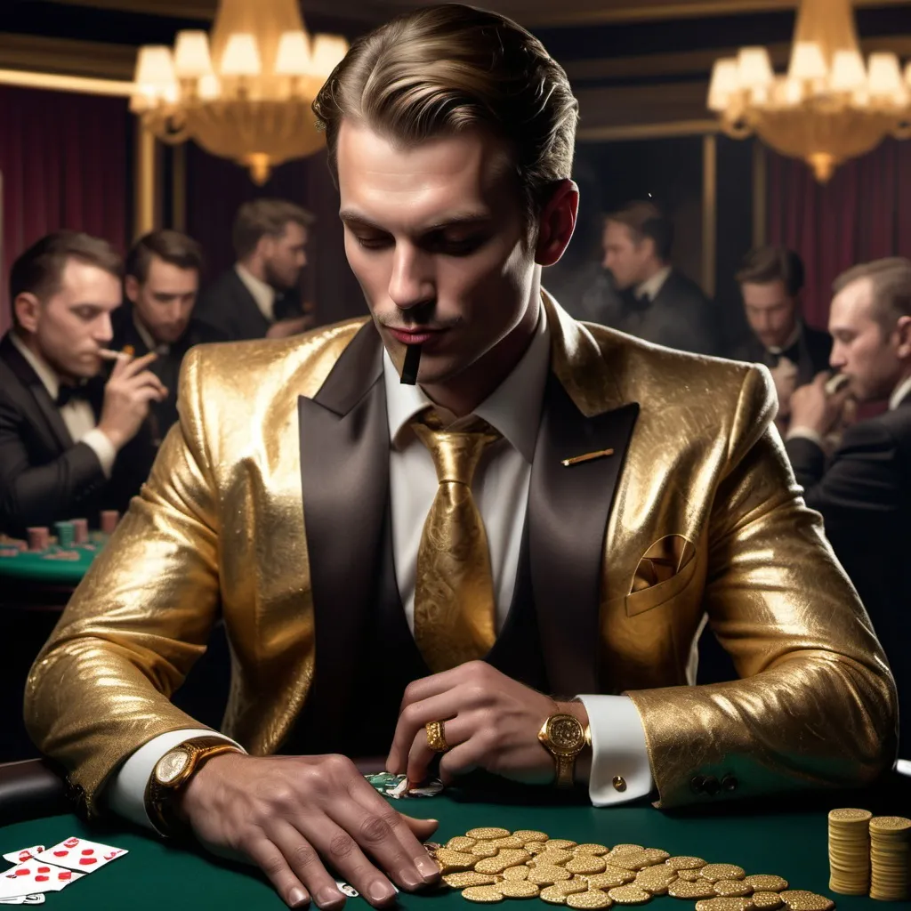 Prompt: A handsome man smoking a cigar at a poker table made of gold!
