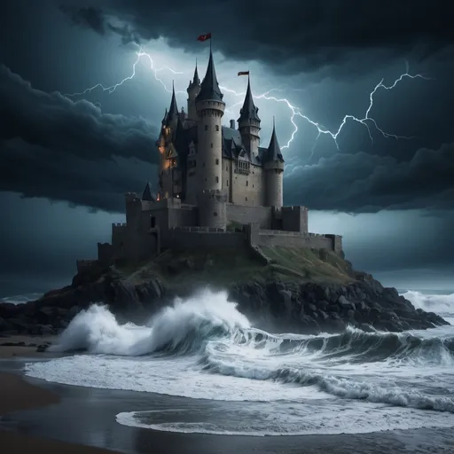 Prompt: Evil Castle on a shore, stormy night with clashing waves