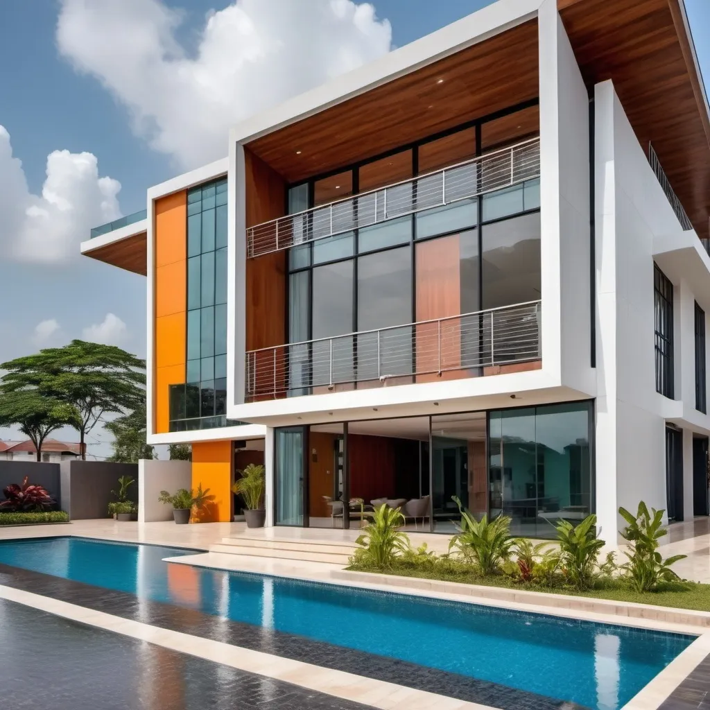 Prompt: A beautiful building in Accra, Ghana with fancy sliding doors and windows, automatic Aluminium gate, visible fancy Aluminium railings and visible stainless steel Burglarproof over the windows 
