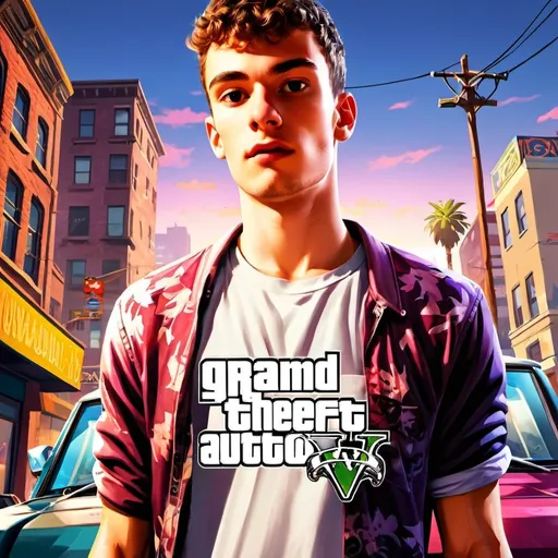 Prompt: GTA V cover art, young man  inside GTA, cartoon illustration