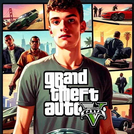 Prompt: GTA V cover art, young man  inside GTA, cartoon illustration