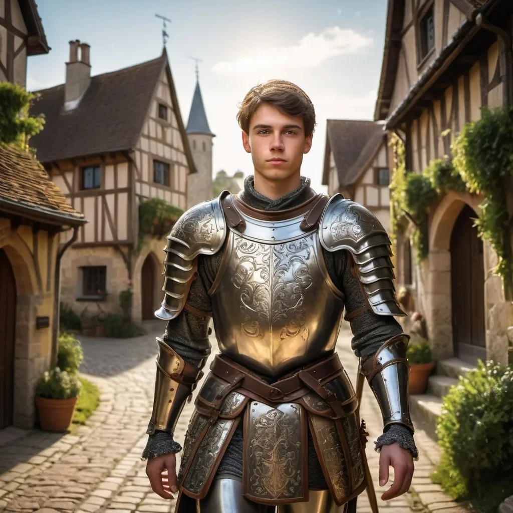 Prompt: Portrait d’un beau jeune homme portant une armure médiévale, Sans casque, Armure hautement ornée, marche, campagne et village européens médiévaux en arrière-plan, illumination dramatique, très détaillé.