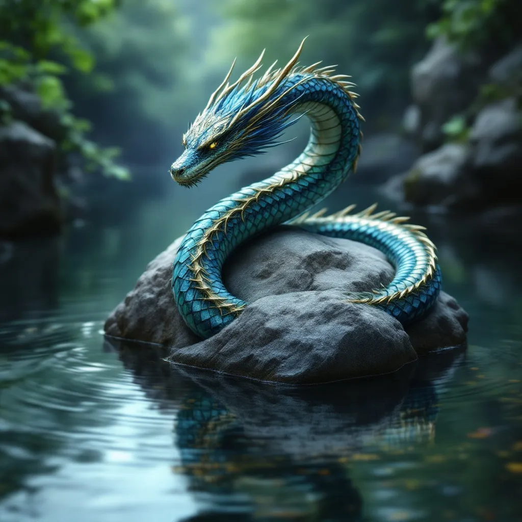 Prompt: a wyrm, a mythical river serpent curled around a rock in a calm river