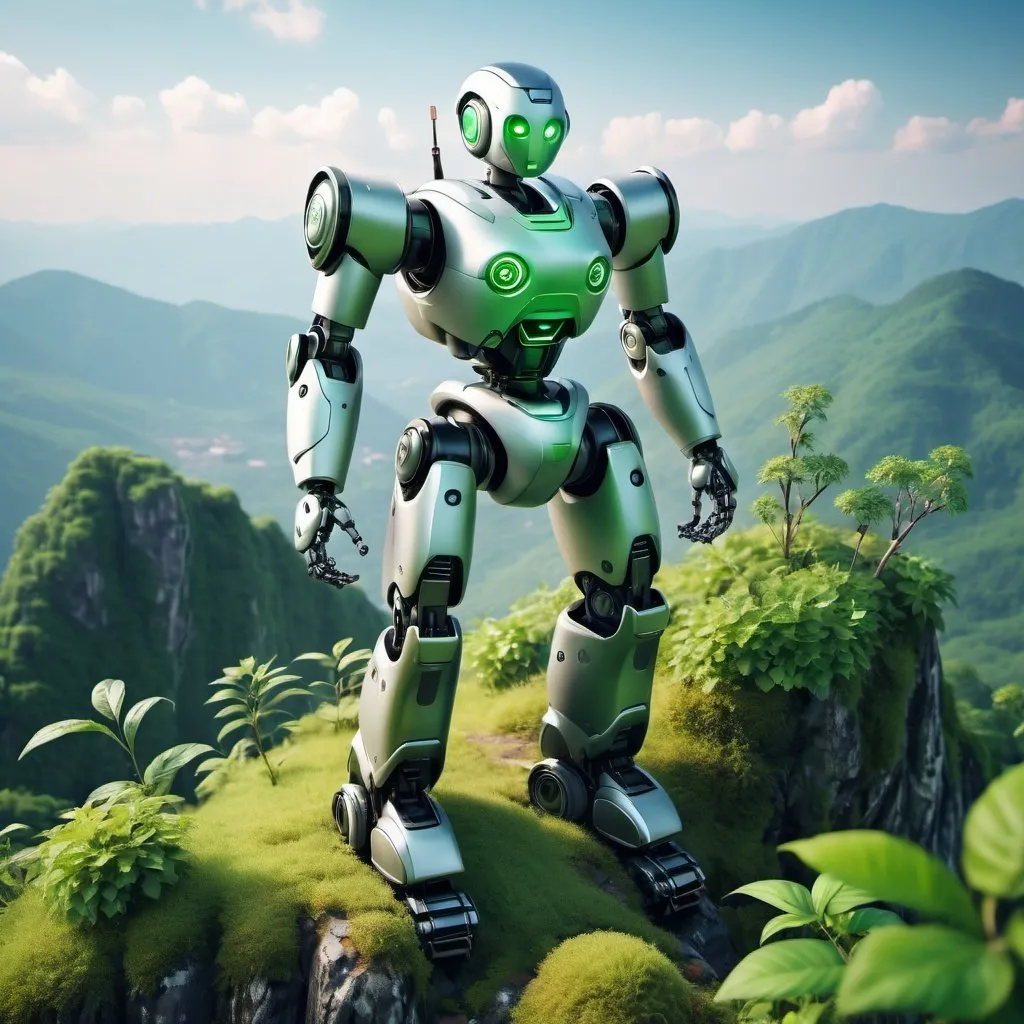 Prompt: A robot standing at the top of a mountain with full of greenery and a beautiful landscape view 