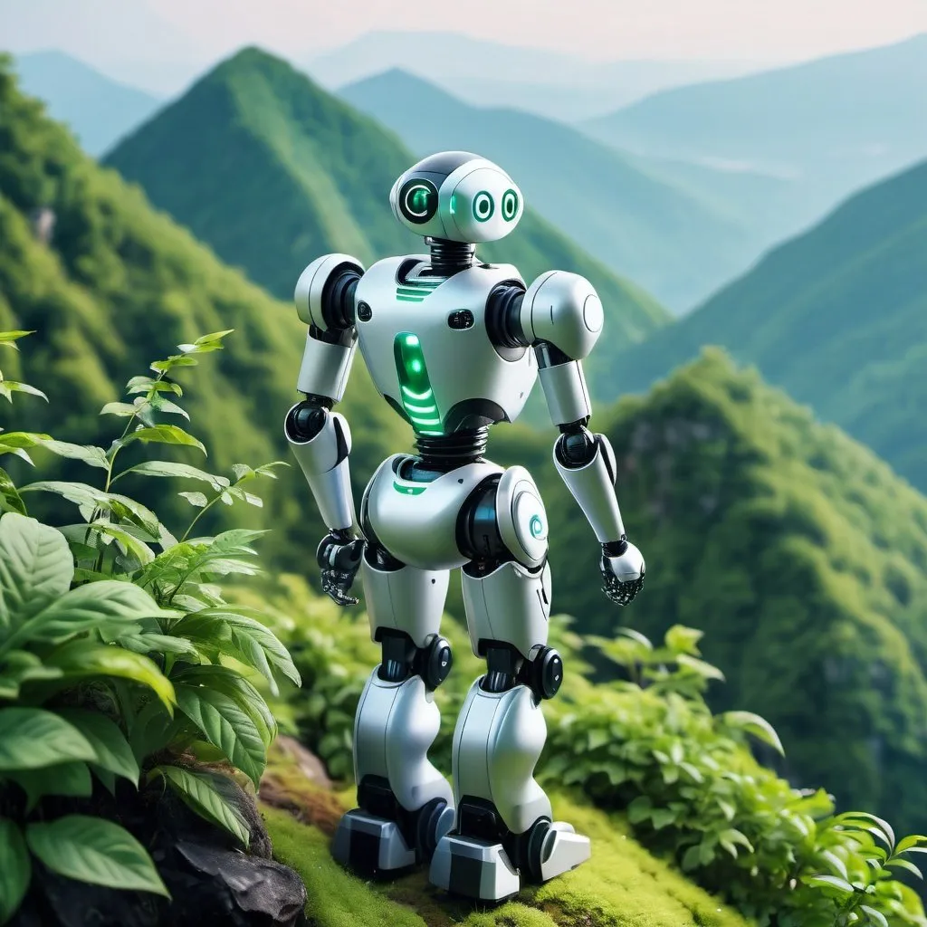 Prompt: A robot standing at the top of a mountain with full of greenery and a beautiful landscape view 