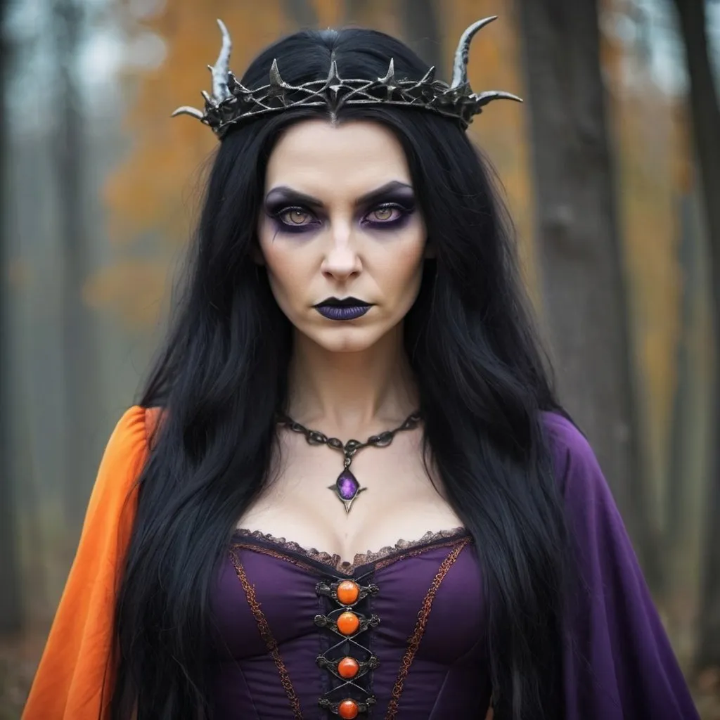 Prompt: A medieval witch queen with long black hair, evil look and dark makeup, with purple and orange dress