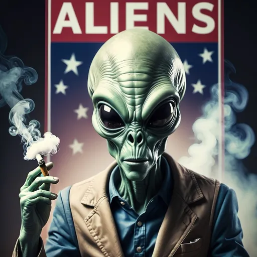 Prompt: create a banner with an alien smoking in usa with a phrase thats is saying 'aliens coming?'