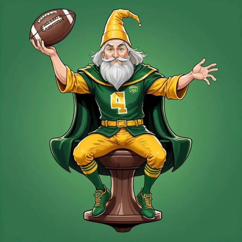 Prompt: A Fantasy Football wizard wearing green and gold, sitting on a barstool with four legs, and levitating a football in the air above his hand, in a cartoon style