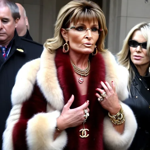Prompt: Sarah Palin with huge blond hair 
wearing full length sable fur coat and huge Chanel earrings, Chanel necklace and carryijng Chanel bag and wearing 2" long red painted fingernails
