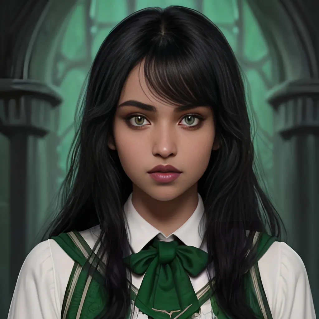 Prompt: a Hogwarts Slytherin woman with black hair, green eyes, brown skin color, sidebangs, full lips, south-asian descent
