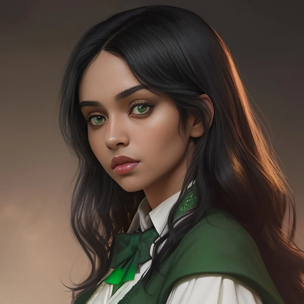 Prompt: a Hogwarts Slytherin woman with black hair, green eyes, brown skin color, sidebangs, full lips, south-asian descent
