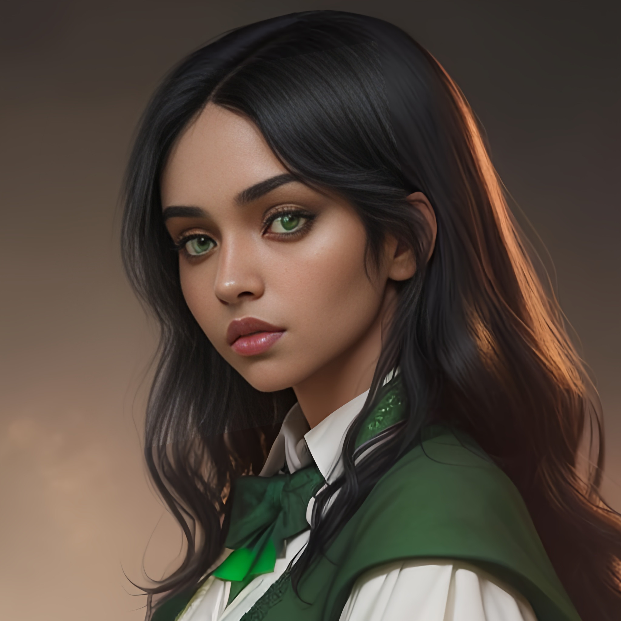 a Hogwarts Slytherin woman with black hair, green ey...