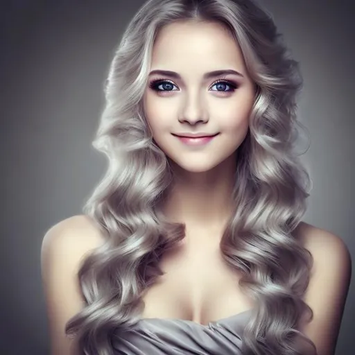 Prompt: portrait  of a beautiful young  woman, flower in hair, long flaxen hair, grey eyes, shying smile, grey background, dramatic   angle shot