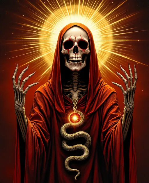 Prompt: A skeletal figure stands set against a sunburst background. Her skull is a red color and ishighly stylized with exaggerated features and an expression of wild, manic glee. Deep black eye sockets drip with crimson streaks, framed by a radiant golden halo. 
The colors of the robe consist of deep autumn colora
Her bony hands are demonic, with long, pointed fingernails. The arms and hands are posed exactly like Baphomets signiture pose. An infinity ouroboros snake coils perfectly on the front of the robe's fabric, which seems to radiate an ethereal glow. 
The scene blends dark religious iconography with subtle occult and satanic elements.