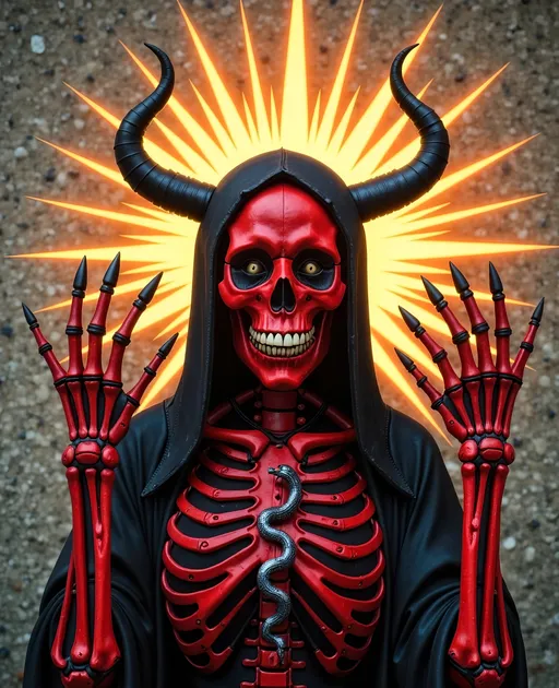 Prompt: A skeletal figure stands set against a sunburst background. Her skull is a red color and ishighly stylized with exaggerated features and an expression of wild, manic glee. Deep black eye sockets drip with crimson streaks, framed by a radiant golden halo. 
The colors of the robe consist of deep autumn colora
Her bony hands are demonic, with long, pointed fingernails. The arms and hands are posed exactly like Baphomets signiture pose. An infinity ouroboros snake coils perfectly on the front of the robe's fabric, which seems to radiate an ethereal glow. 
The scene blends dark religious iconography with subtle occult and satanic elements.