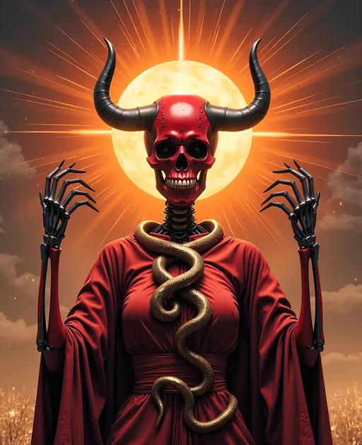 Prompt: A skeletal figure stands set against a sunburst background. Her skull is a red color and ishighly stylized with exaggerated features and an expression of wild, manic glee. Deep black eye sockets drip with crimson streaks, framed by a radiant golden halo. 
The colors of the robe consist of deep autumn colora
Her bony hands are demonic, with long, pointed fingernails. The arms and hands are posed exactly like Baphomets signiture pose. An infinity ouroboros snake coils perfectly on the front of the robe's fabric, which seems to radiate an ethereal glow. 
The scene blends dark religious iconography with subtle occult and satanic elements.
