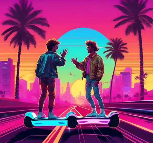 Prompt: (retro 80s art), (two men on hoverboards), dynamic scene down a luminous highway, palm trees lining the sides, energetic synthwave aesthetics, vibrant neon colors, captivating city view in the background, their hands poised to grasp something together, high depth cinematic details, ultra-detailed illustration, evoking nostalgia and excitement, ideal for fans of retro culture.