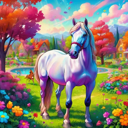 Prompt: (horse using a mobile phone), surreal and whimsical, vibrant colors, playful atmosphere, detailed and expressive horse, humorous scene, absurdity, modern-day twist, high-definition focusing on the phone screen, 4K resolution, ultra-detailed background, cartoon-style, bright and lively setting, HD, softly glowing ambient light, animated feel, featuring a garden or park as the backdrop brimming with colorful flowers and well-trimmed bushes.