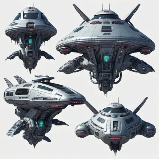 Prompt: Generate five alien spaceships, mainly highlighting the spaceship, no background required. The style of the spaceship is technology and cyberpunk style, and the head of the spacecraft is facing downwards.