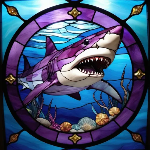 Prompt: purple shark swimmimg abovw in light blue water  , treasure at bottom