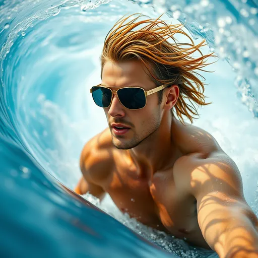 Prompt: Handsome man on surfboard inside wave, wet wind blown hair wearing sunglasses. Background of blue ocean waves, foam, bubbles and water droplets. Vivid bright colors, atmospheric depth, adventurous mood, outdoors, ultra-detailed, relaxing ambiance, vivid imagery, high-definition.