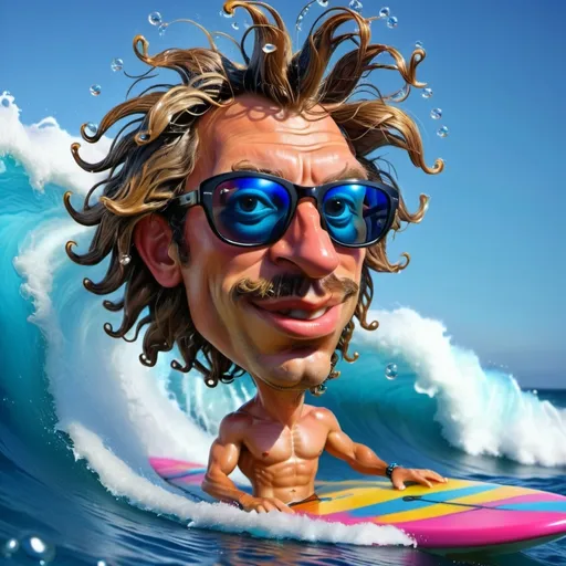 Prompt: Handsome man on surfboard inside wave, wet wind blown hair wearing sunglasses. Background of blue ocean waves, foam, bubbles and water droplets. Vivid bright colors, atmospheric depth, adventurous mood, outdoors, ultra-detailed, relaxing ambiance, vivid imagery, high-definition.