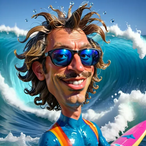 Prompt: Handsome man on surfboard inside wave, wet wind blown hair wearing sunglasses. Background of blue ocean waves, foam, bubbles and water droplets. Vivid bright colors, atmospheric depth, adventurous mood, outdoors, ultra-detailed, relaxing ambiance, vivid imagery, high-definition.