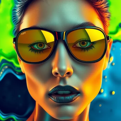 Prompt: Green, Blue, Orange liquid as a woman's face, sunglasses, (3D rendering), open eyes, (artistic), (breathtaking optics), (high contrast), striking shadows, (detailed lines), metallic tones, liquid gradient splashing colors, (intense look), (surreal atmosphere), (beautiful), (impressive), (bright shine)