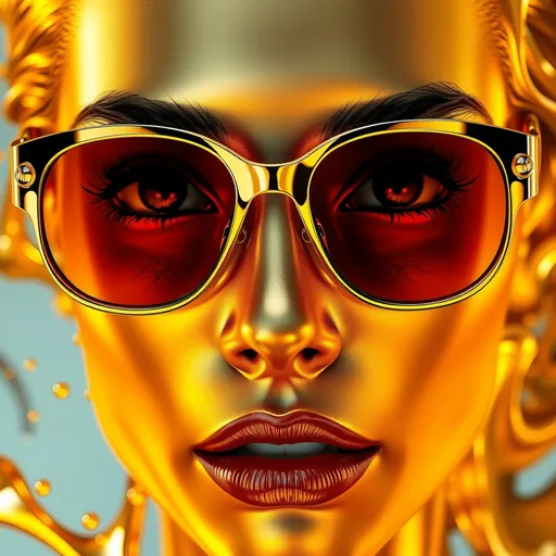 Prompt: gold-silver liquid as a woman's face, sunglasses (4K), (3D rendering), open eyes, (artistic), (breathtaking optics), (high contrast), striking shadows, (detailed lines), metallic tones, silver-golden liquid gradient splashing colors, (intense look), (surreal atmosphere), (beautiful), (impressive), (golden shine)