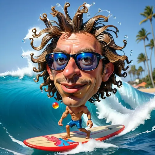 Prompt: cartoon painted caricature of a handsome man on surfboard inside wave, wet wind blown hair wearing sunglasses. Background of blue ocean waves, foam, bubbles and water droplets.