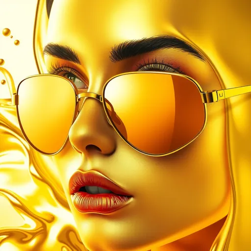 Prompt: gold-silver liquid as a woman's face, sunglasses (4K), (3D rendering), open eyes, (artistic), (breathtaking optics), (high contrast), striking shadows, (detailed lines), metallic tones, silver-golden liquid gradient splashing colors, (intense look), (surreal atmosphere), (beautiful), (impressive), (golden shine)