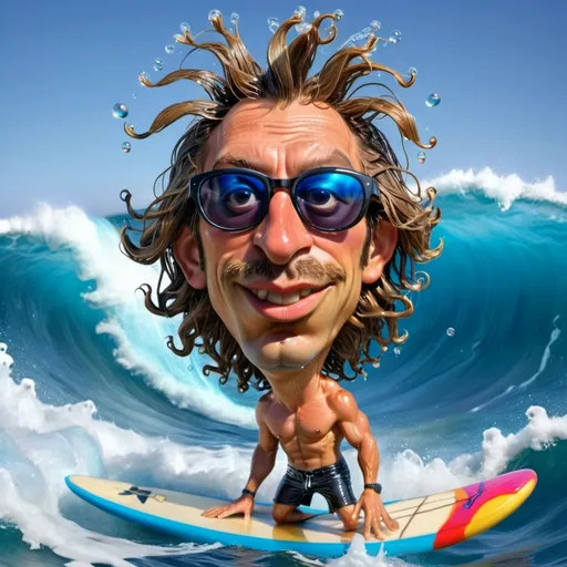 Prompt: cartoon painted caricature of a handsome man on surfboard inside wave, wet wind blown hair wearing sunglasses. Background of blue ocean waves, foam, bubbles and water droplets.