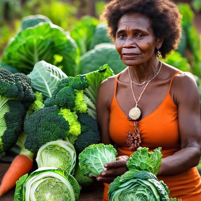 Prompt: Melanesian mother in garden of fresh cabbage, carrots, and broccoli, tearful expression, holding little money, realistic, traditional art, emotional, earthy tones, natural lighting,  sad