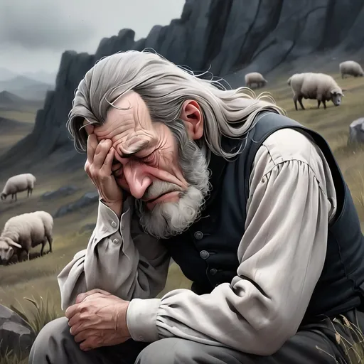 Prompt: sad elderly man with long gray hair, mutton chop sideburns, curled up and crying, desolate landscape, no joy, gray tones, defeated, heartbreak, emotional pain, realistic painting, detailed wrinkles, highres, melancholic atmosphere, desaturated colors, somber lighting