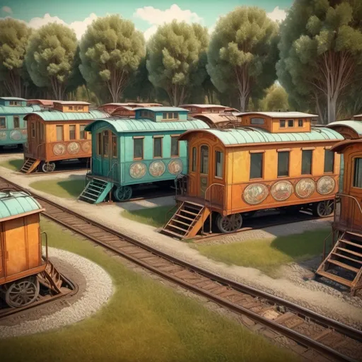 Five colorful cabooses all turned into homes all sur...