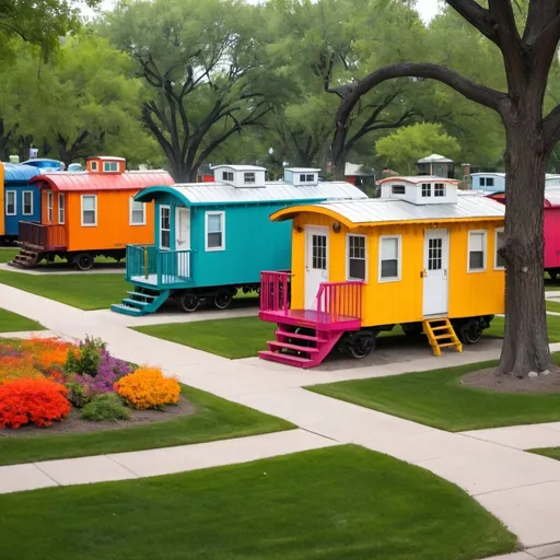 Prompt: Five colorful cabooses all turned into homes all surrounding a round park
