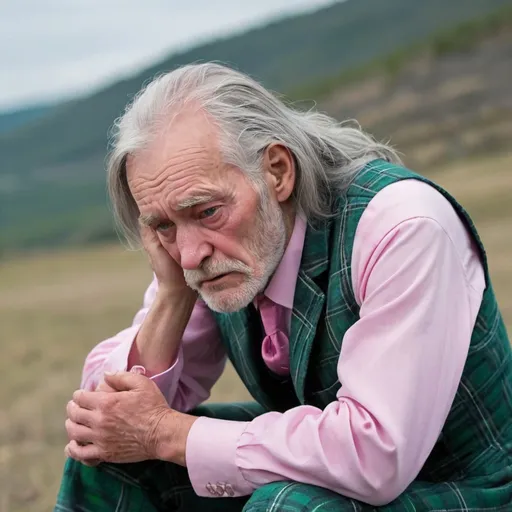 Prompt: A gray long hair with gray sideburns old man stares straight ahead with his face showing the moment of anguish when he received the news that his one great love is gone forever. his eyes are blue. His features are Irish. he was very handsome in his youth. He is impeccably dressed in a pink plaid suit. tears are in his widened eyes. He has realized that he will be alone forever.