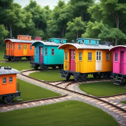 Prompt: Circular pattern of five colorful cabooses on railway tracks, vibrant colors, turned into homes, realistic 3D rendering, detailed textures, high quality, realistic, vibrant, circular arrangement, railway setting, detailed cabooses, professional lighting