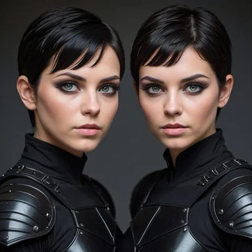 Prompt: Adult female twins with short dark hair and bright eyes, dangerous but beautiful, powerful, athletic, black warrior clothes,