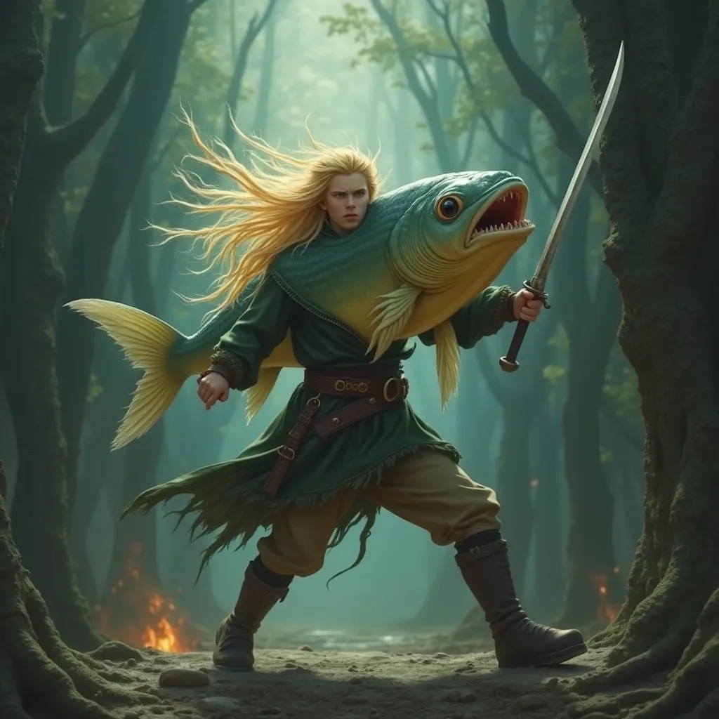 Prompt: Legolas turned into a fierce puffer fish attacks Mordor and defeats Sauron