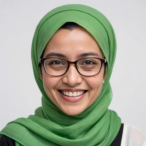 Prompt: a woman wearing a green headscarf and glasses is smiling at the camera and has a green scarf on, Abidin Dino, sumatraism, white background, a character portrait